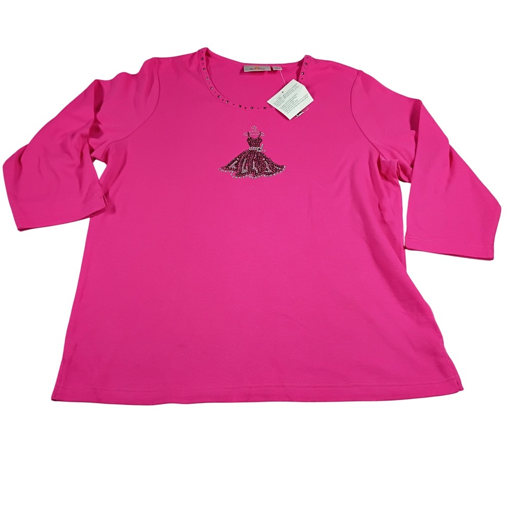 Quacker Factory Top Women Large Pink New Rhinestone Dress 3/4 Sleeve Studded